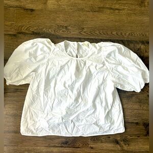 H&M white puff sleeve white high neck blouse bow tie back size M
